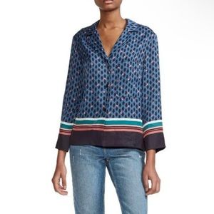 MAJE Christen Silky Cube Logo Pattern Button Down Blouse, Size 3